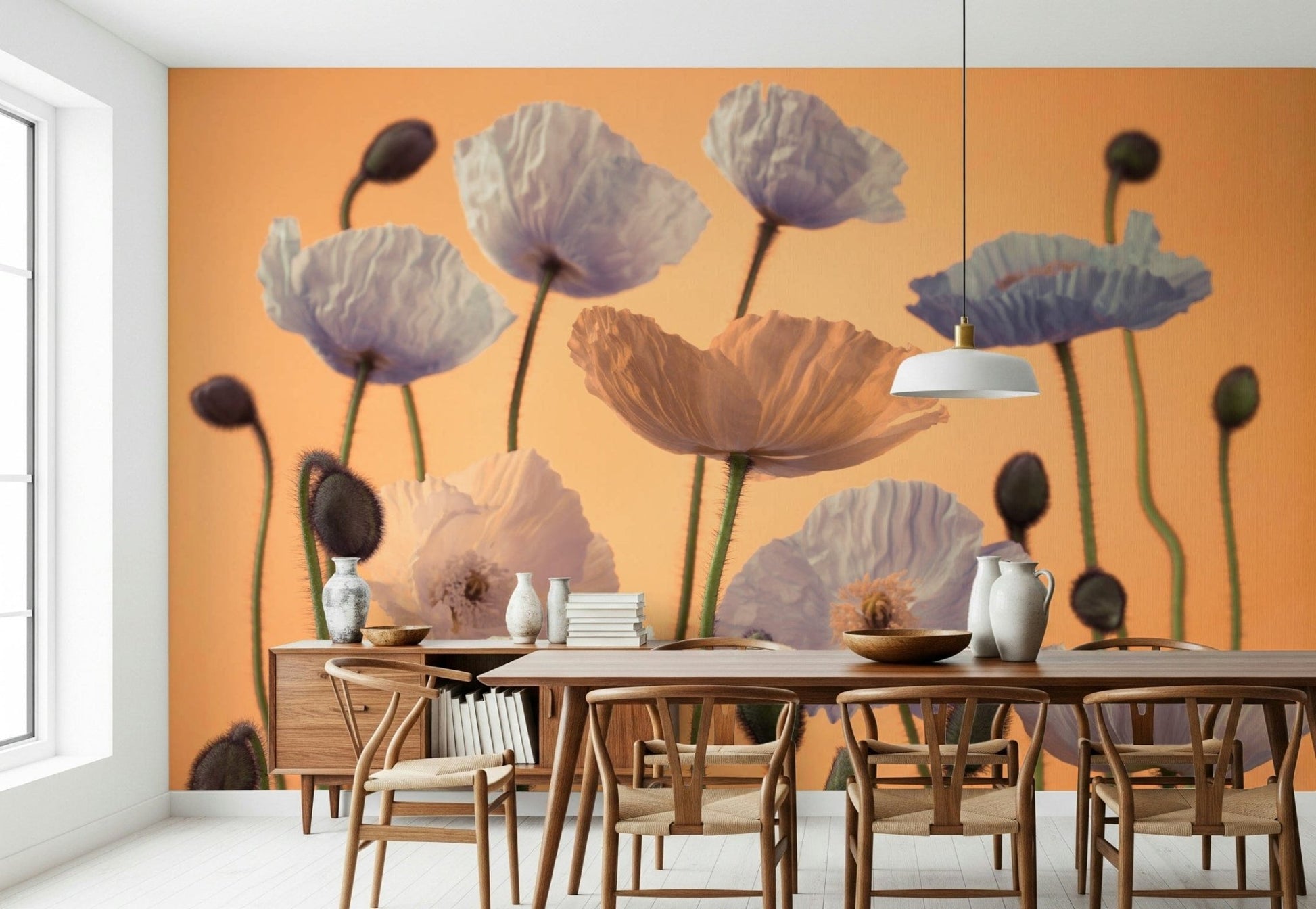 Minimal lounge with floral wall mural, bright botanicals against clean white wall