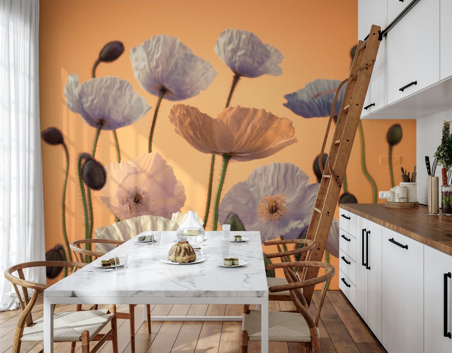 Entryway wall decor with statement floral mural, modern style with colourful flowers