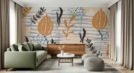 A classic floral and stripe wallpaper for walls.

