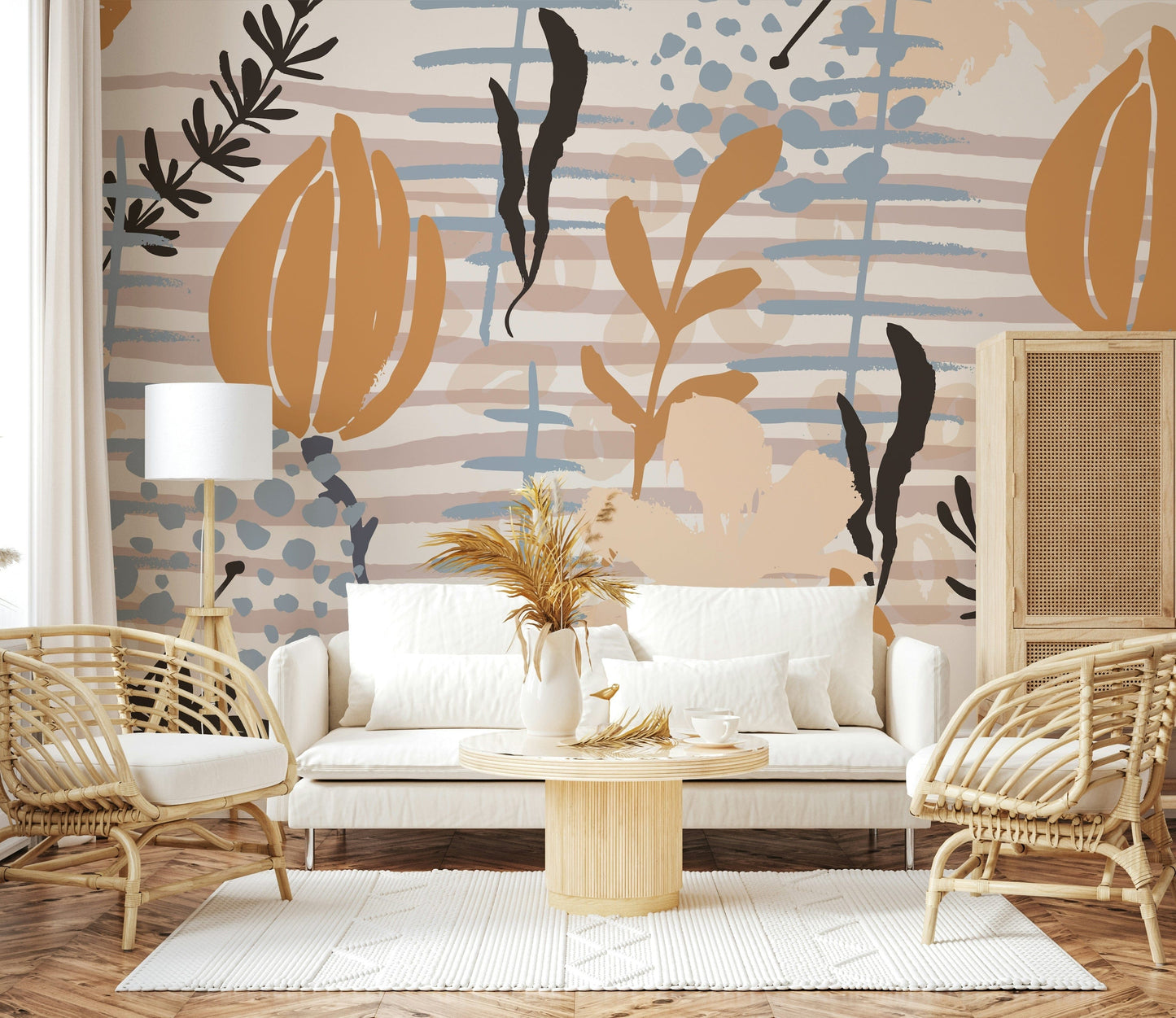 A graceful subtle pattern wall mural in cool, natural tones.

