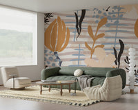 A beautiful floral and stripe wallpaper mural for a modern home.

