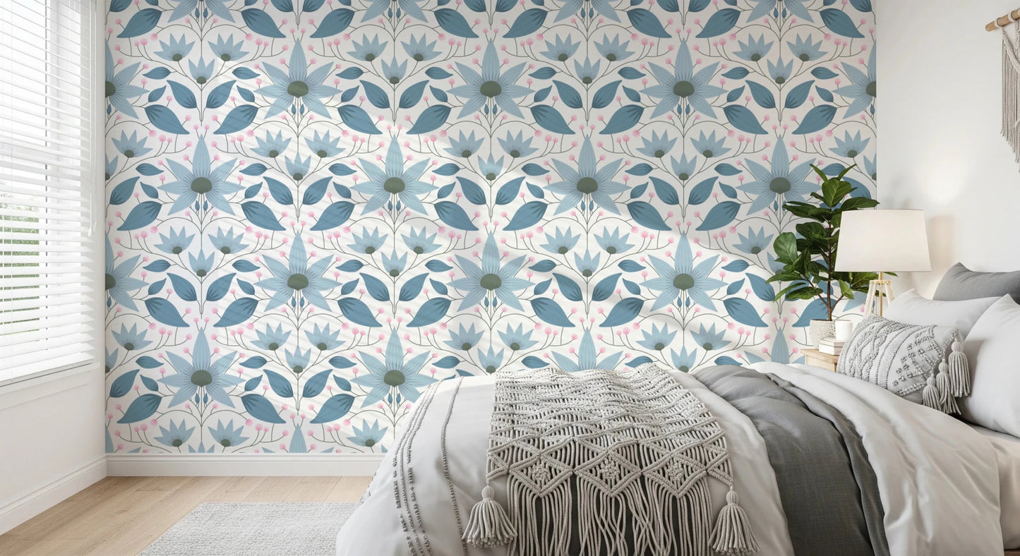 Floral Symmetry Blue Wallpaper⁠