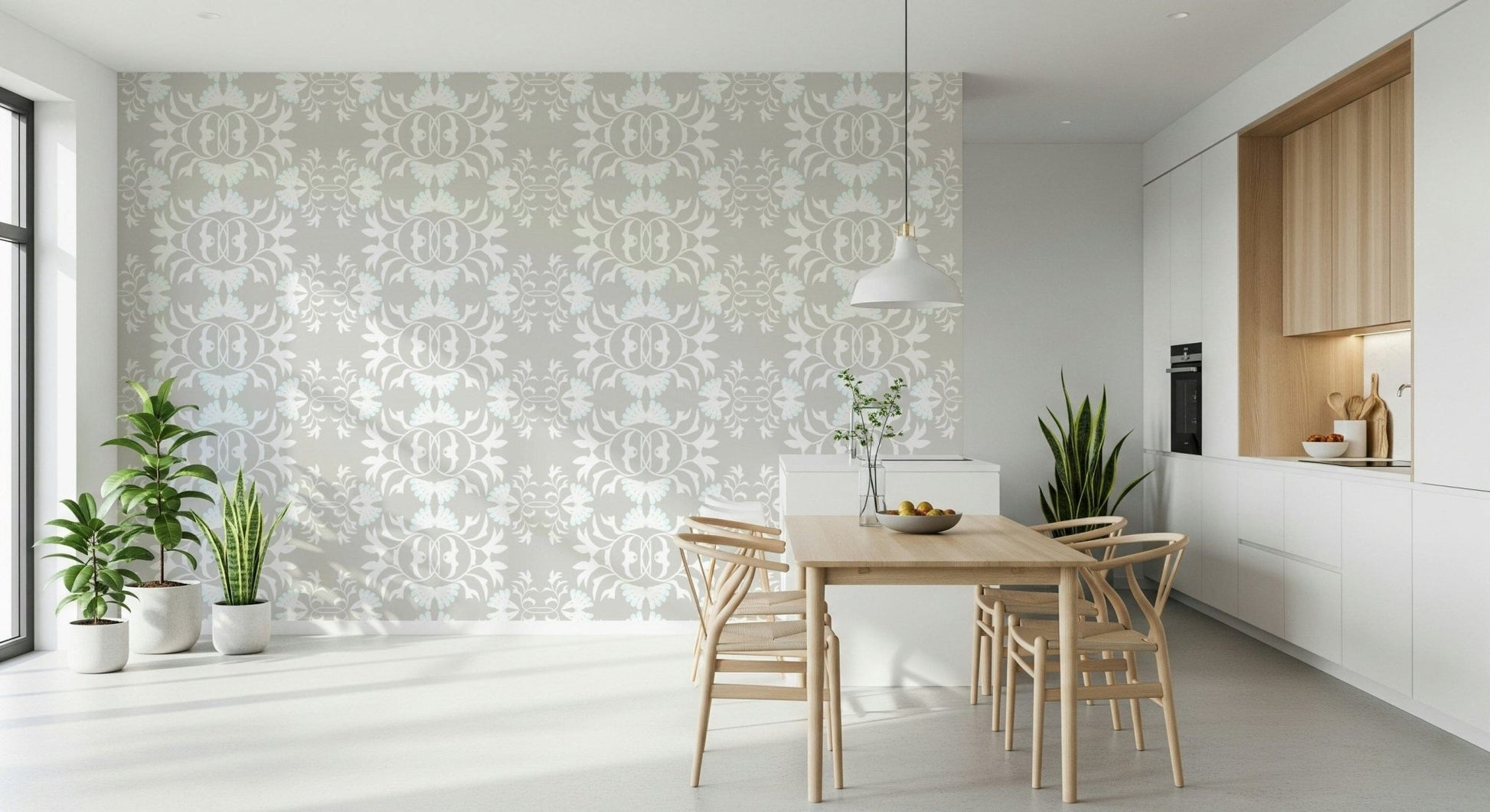 Intricate wall mural displaying balanced blooming flower petal motifs.