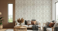 Floral Symmetry wall mural featuring white mirrored botanical swirls.