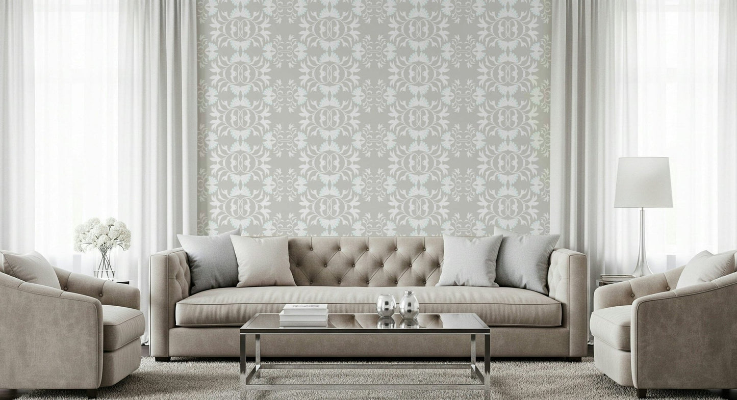 Calm neutral wall mural featuring stylized butterfly-like blossom graphics.