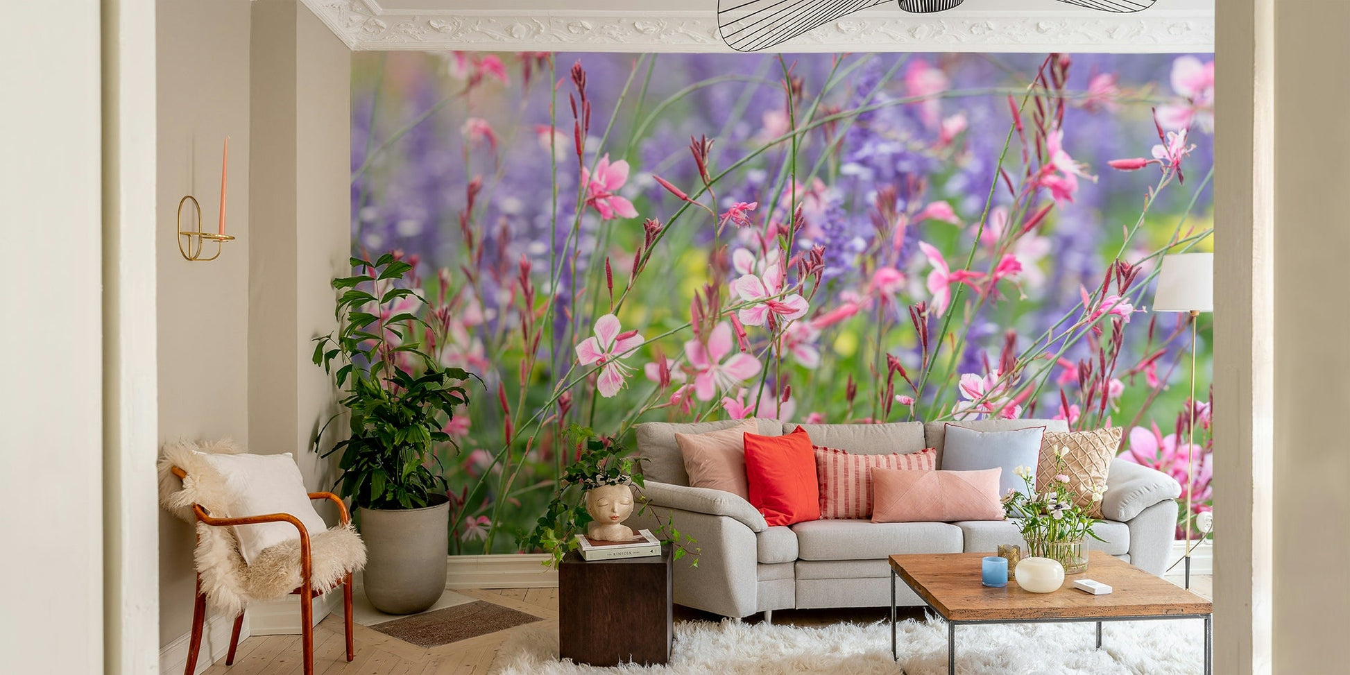 The color palette is composed of harmonious shades of pink, white, purple, and green.
