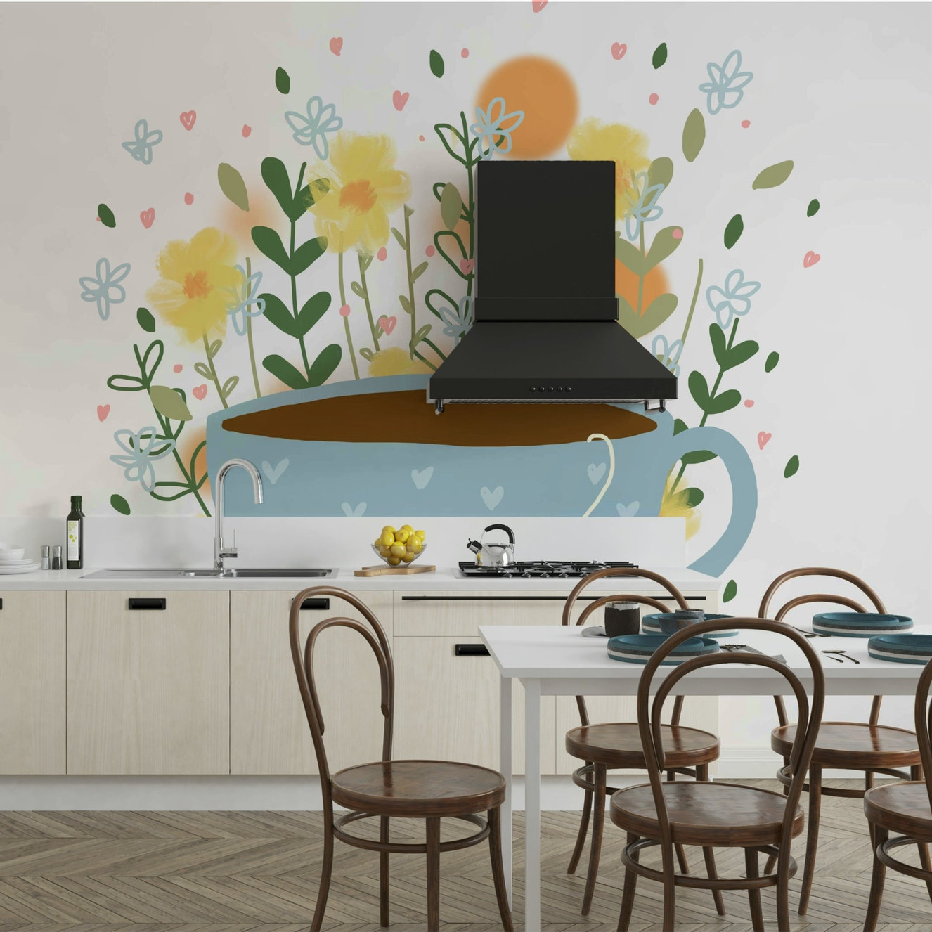 Tea time inspired floral mural with soft, calming colors

