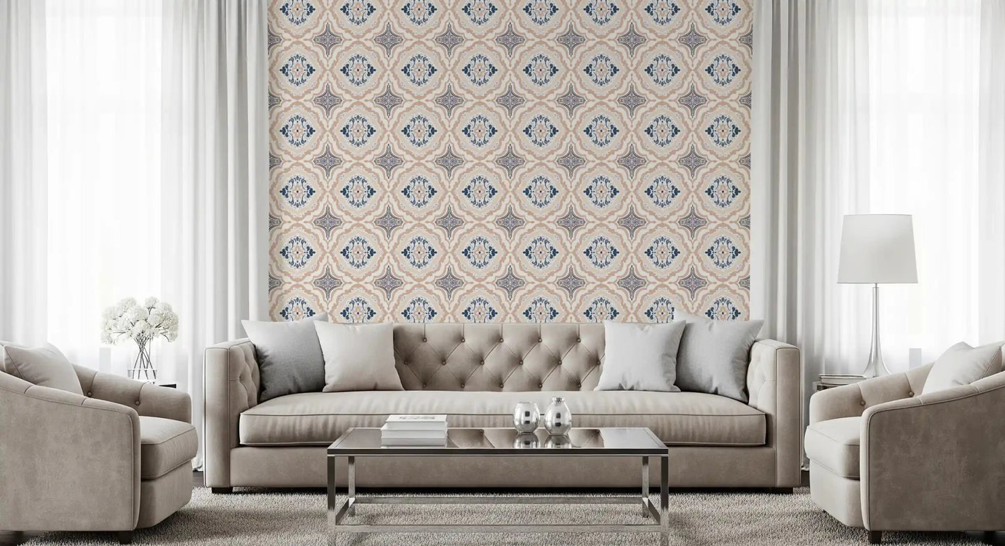 Matte finish Floral Tile Harmony Wallpaper in a bright interior.