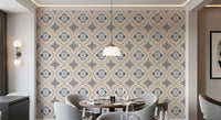 Floral Tile Harmony dining room Wallpaper with soft pastel botanical motifs.