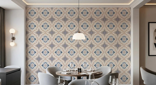 Floral Tile Harmony dining room Wallpaper with soft pastel botanical motifs.