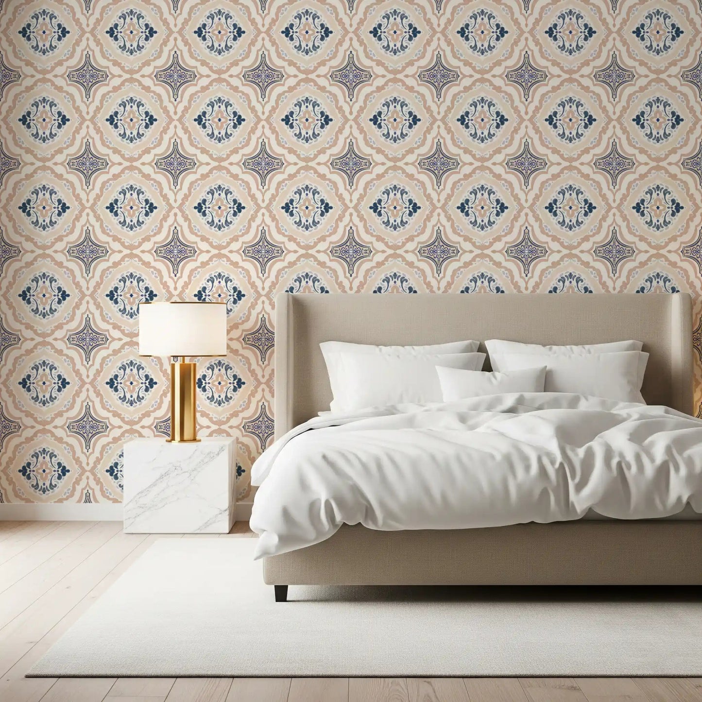 Detailed view of geometric petal patterns in Floral Tile Harmony Wallpaper.
