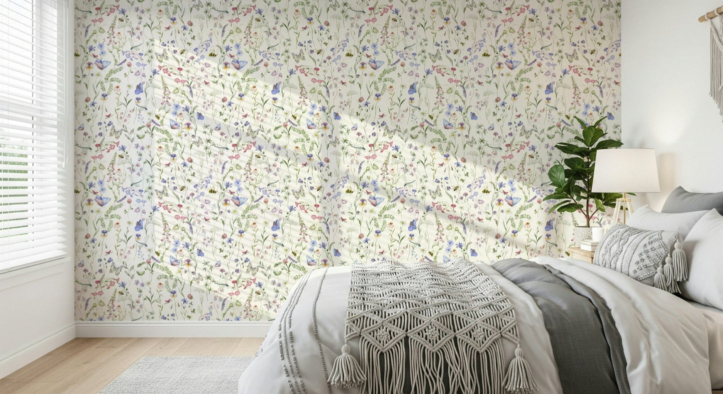 Painterly Floral Watercolor Whispers mural pink and purple flowers.