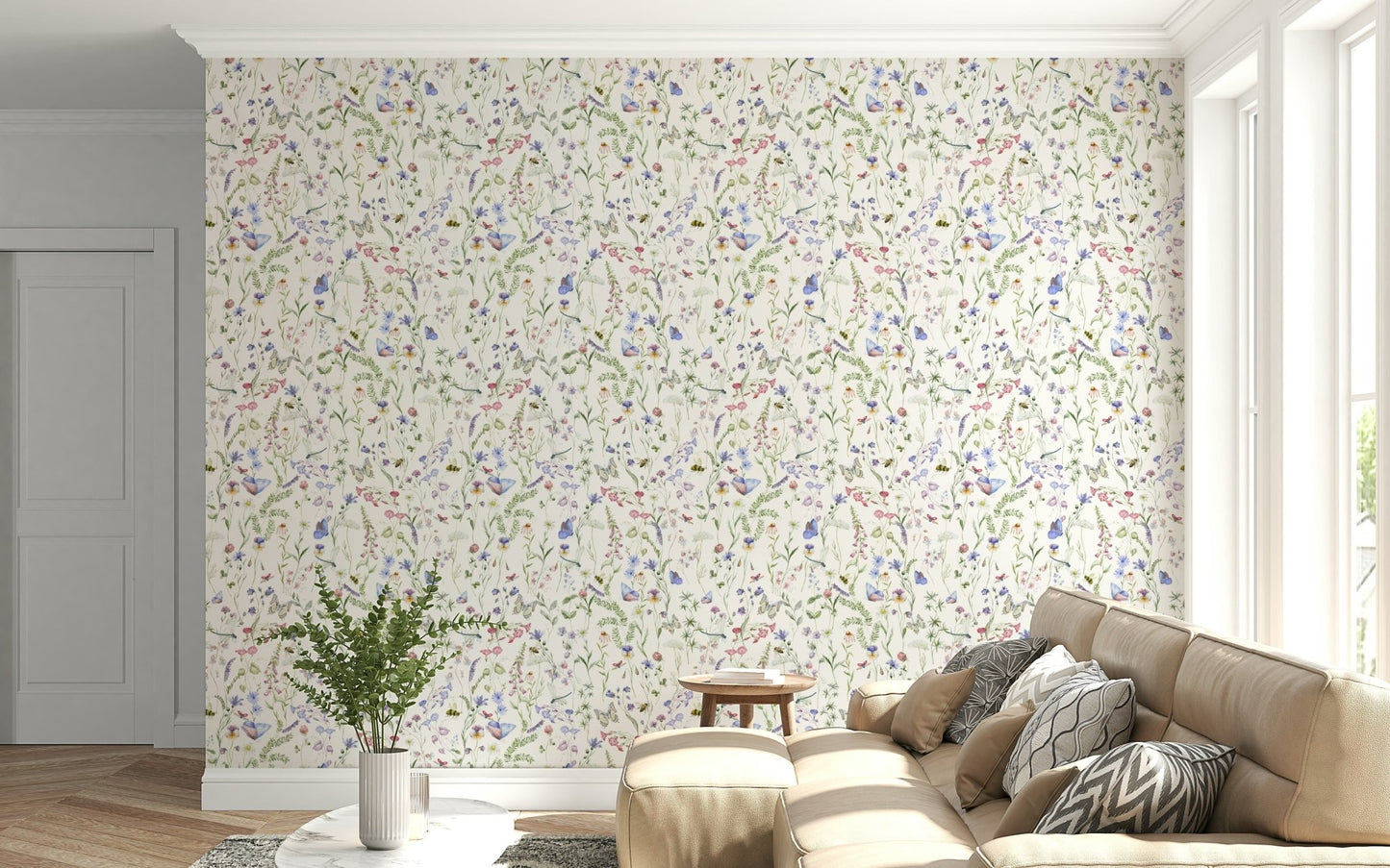 Butterfly print Floral Watercolor Whispers wall mural pattern.