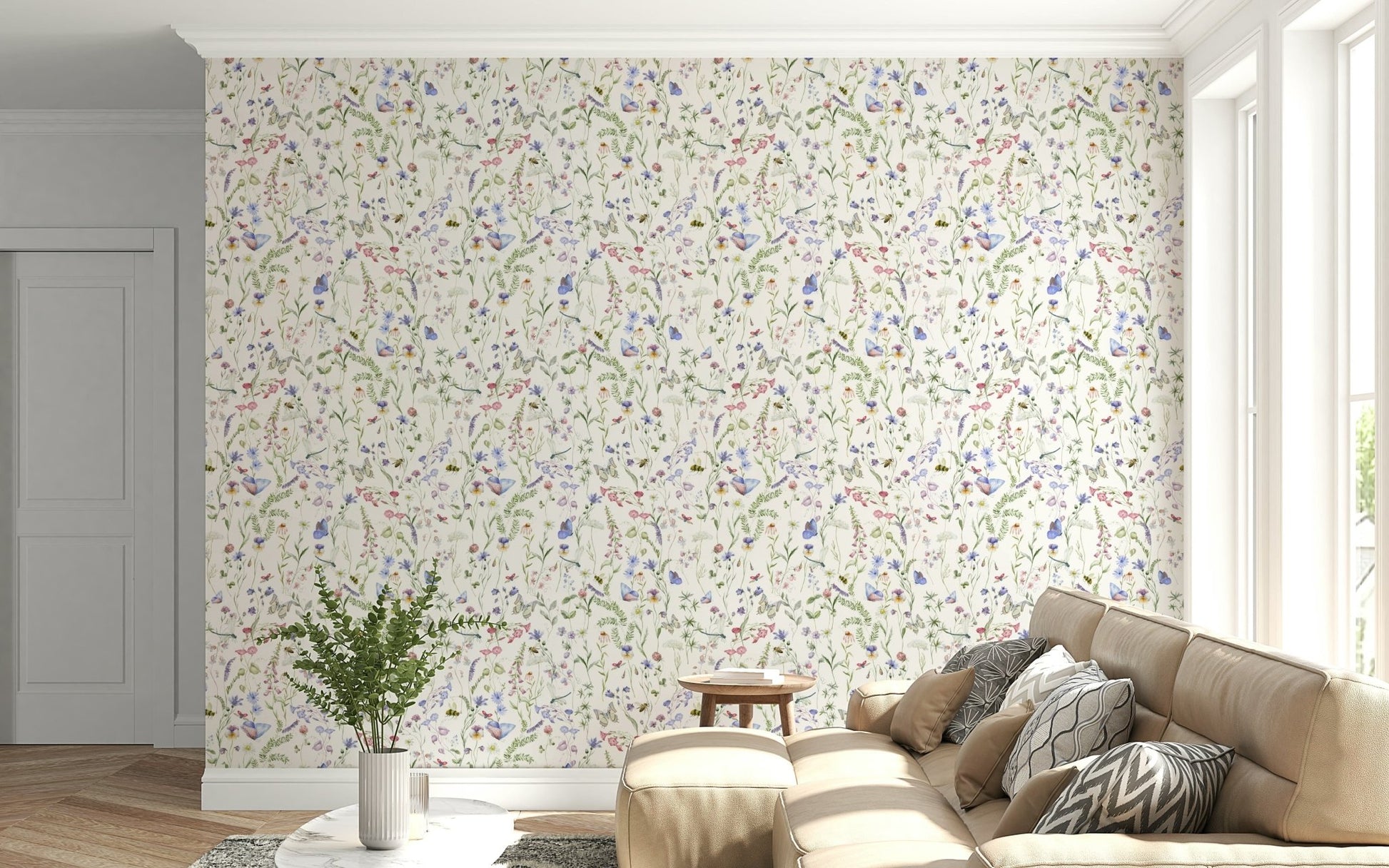 Butterfly print Floral Watercolor Whispers wall mural pattern.