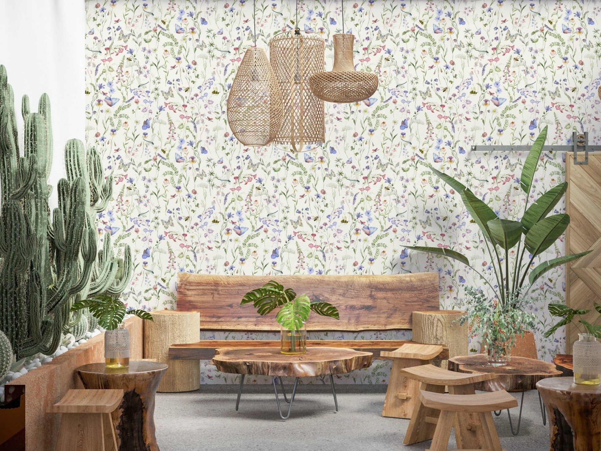 Floral Watercolor Whispers peel and stick wallpaper meadow scene.