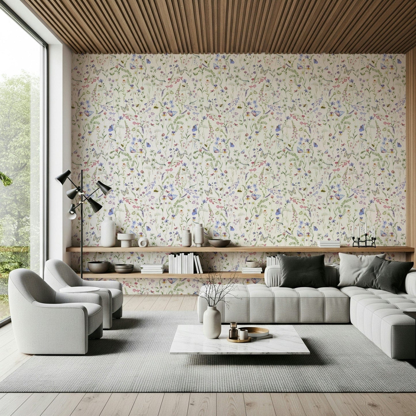 Authentic Floral Watercolor Whispers wallpaper wildlife pattern.