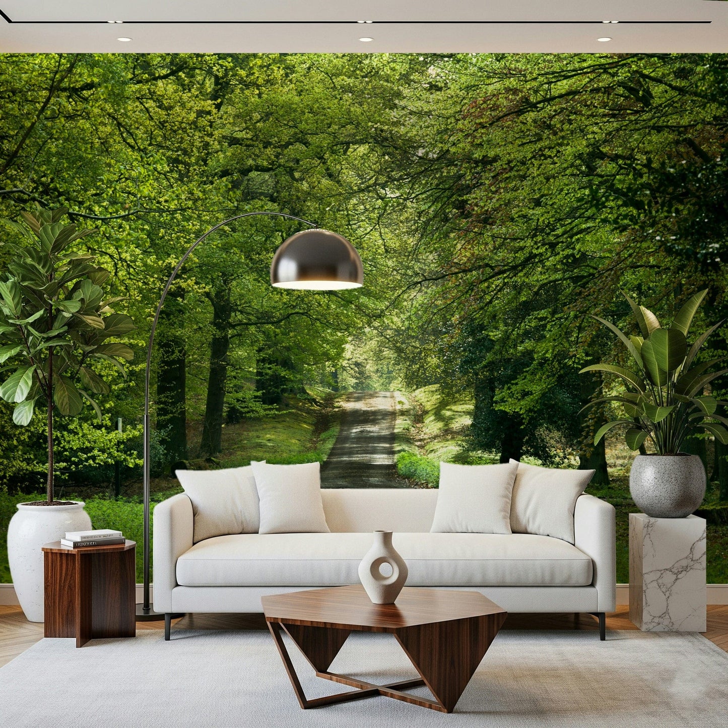 Green forest path wall mural in spring light