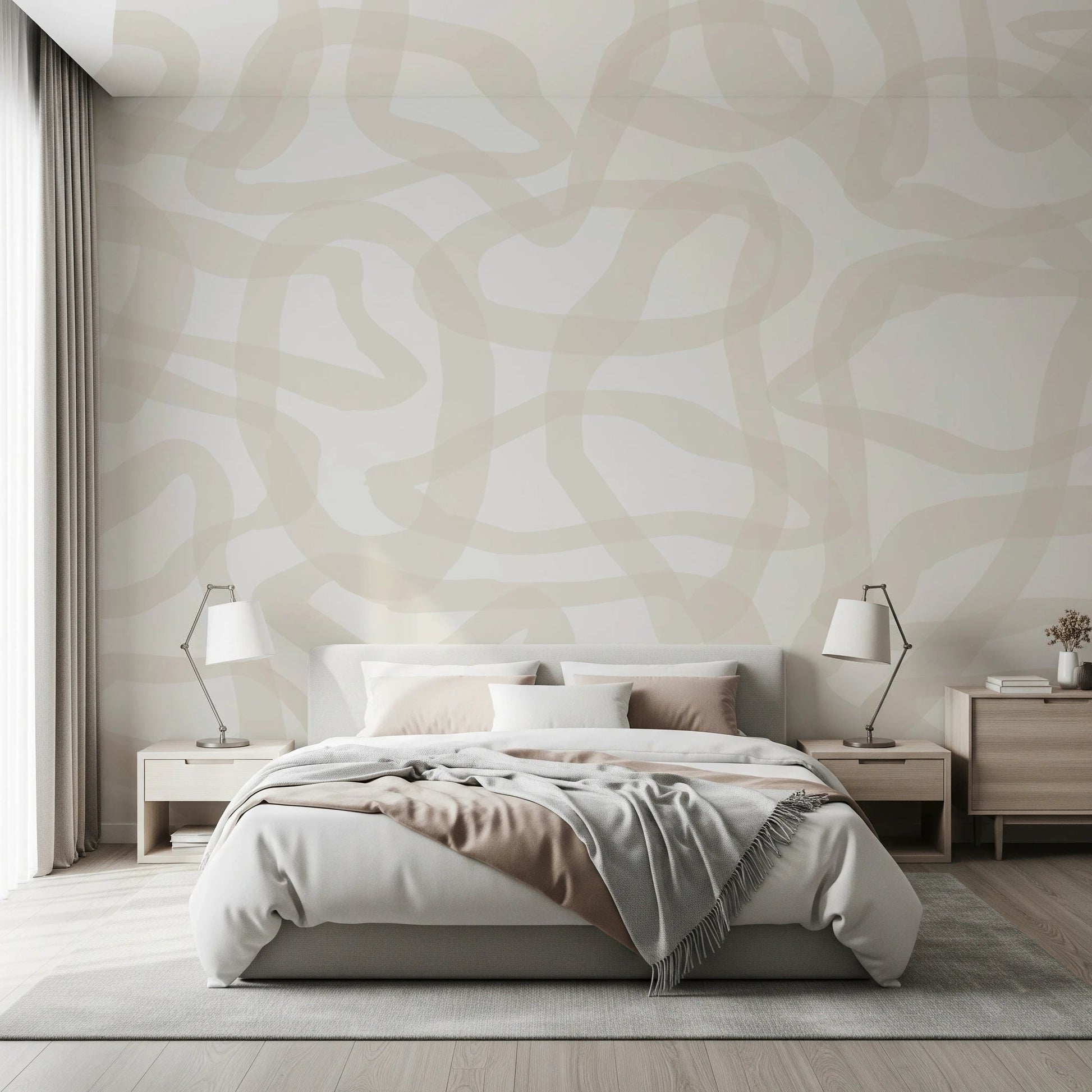 Flow State bedroom Wall Mural with soft tan fluid line art