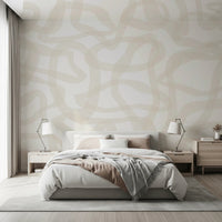 Flow State bedroom Wall Mural with soft tan fluid line art