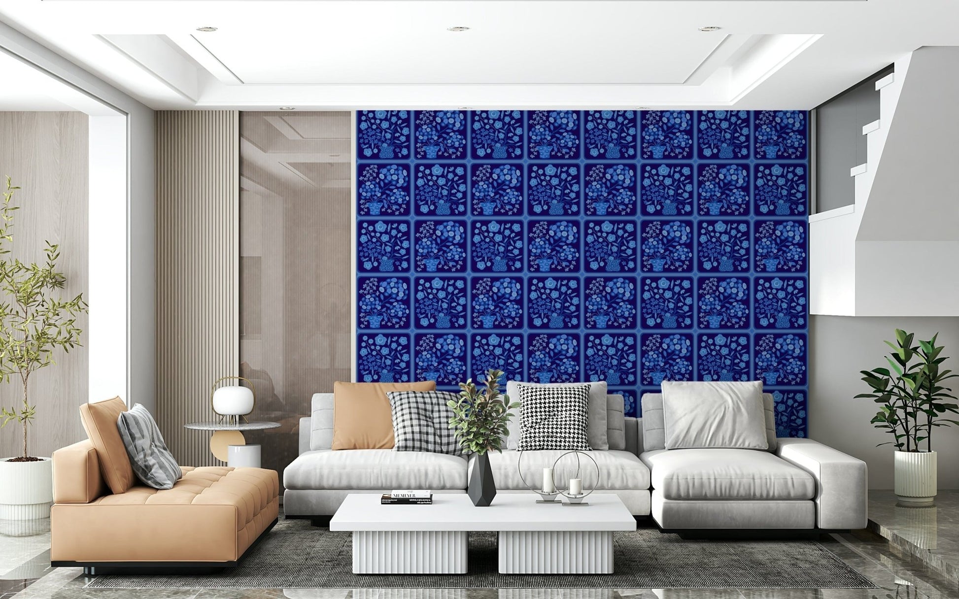 Reading corner feature wall with delft-style bouquet tiles wallpaper, deep blue colour, classic pattern