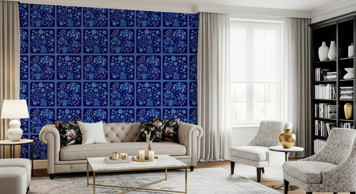 Home office wall with dark blue delft floral tile motif, structured pattern, smart feature wall