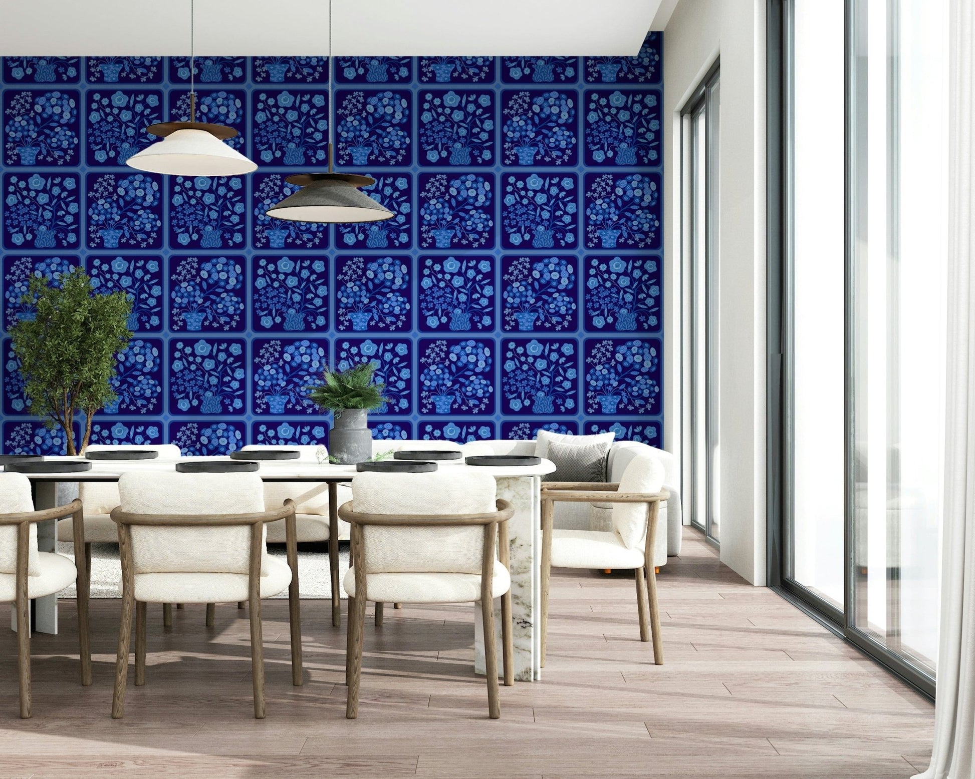 Flower Bouquet Tiles Floral Dark Delft Blue Wallpaper in hallway, repeating bouquet tiles, clean finish
