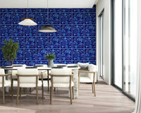 Flower Bouquet Tiles Floral Dark Delft Blue Wallpaper in hallway, repeating bouquet tiles, clean finish
