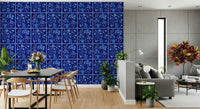 Utility room wall décor with blue floral tile wallpaper, bouquet repeats, crisp tile-style layout