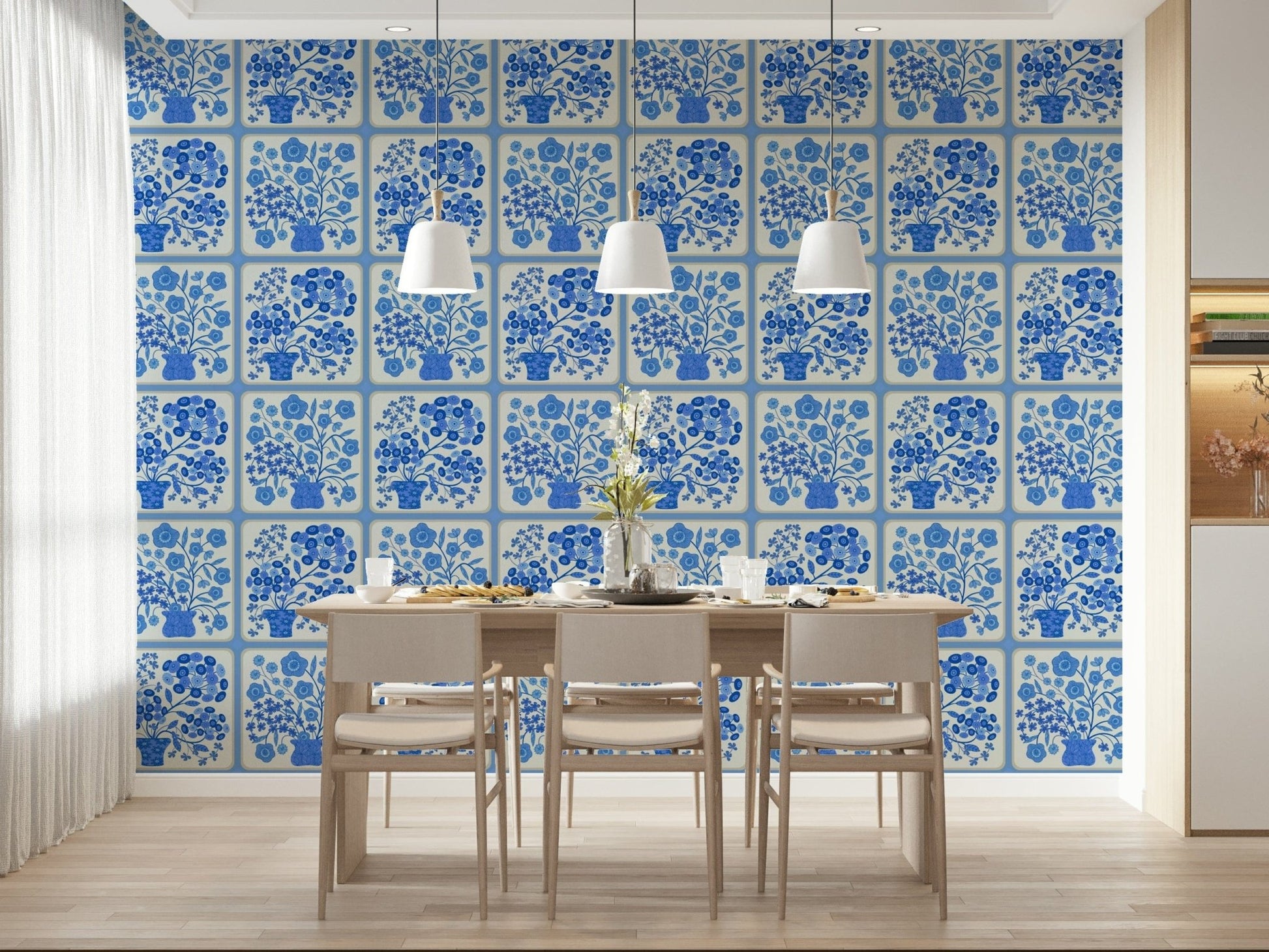 Blue and white floral tile mural for office kitchenette wall decor, neat grid layout