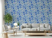 Flower bouquet tiles wallpaper on laundry room wall, blue and white cottage style