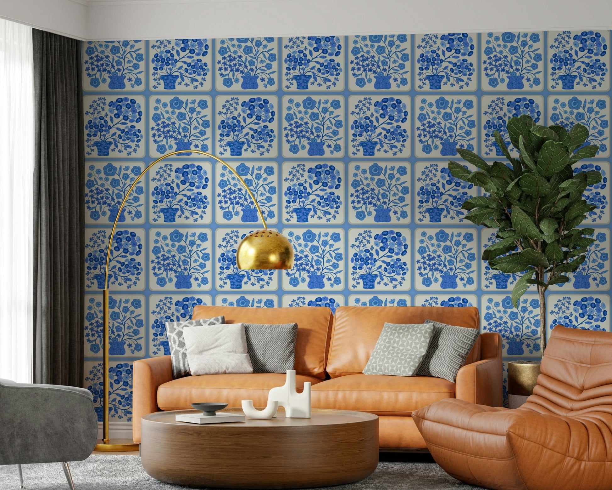 Blue bouquet tile pattern wallpaper for bathroom vanity wall, crisp white background