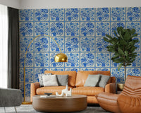 Blue bouquet tile pattern wallpaper for bathroom vanity wall, crisp white background