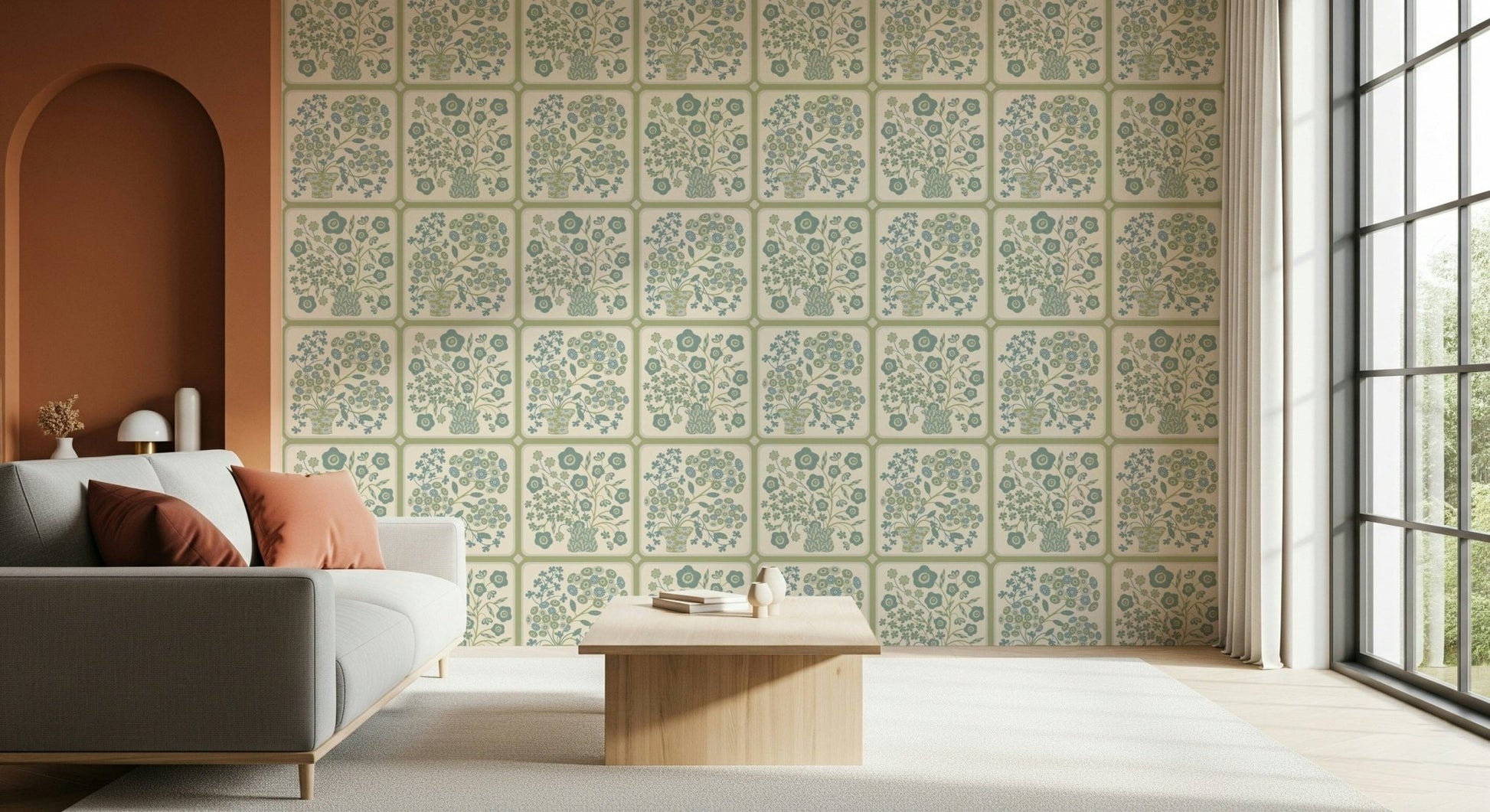 Flower Bouquet Tiles Floral Sage Green Blue Wallpaper in a modern apartment kitchen.