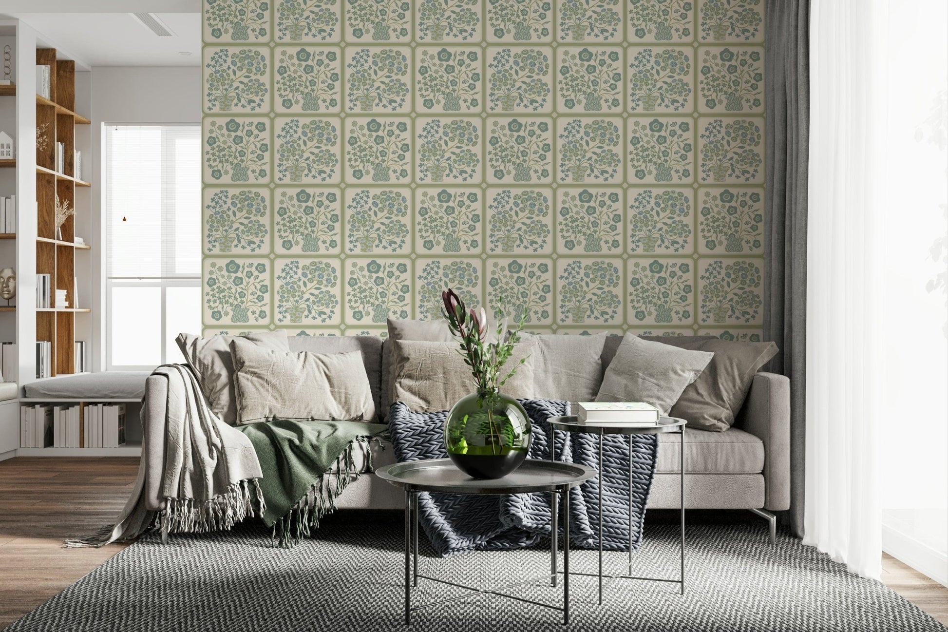 Peel and stick tile effect wallpaper installed in a laundry room nook.