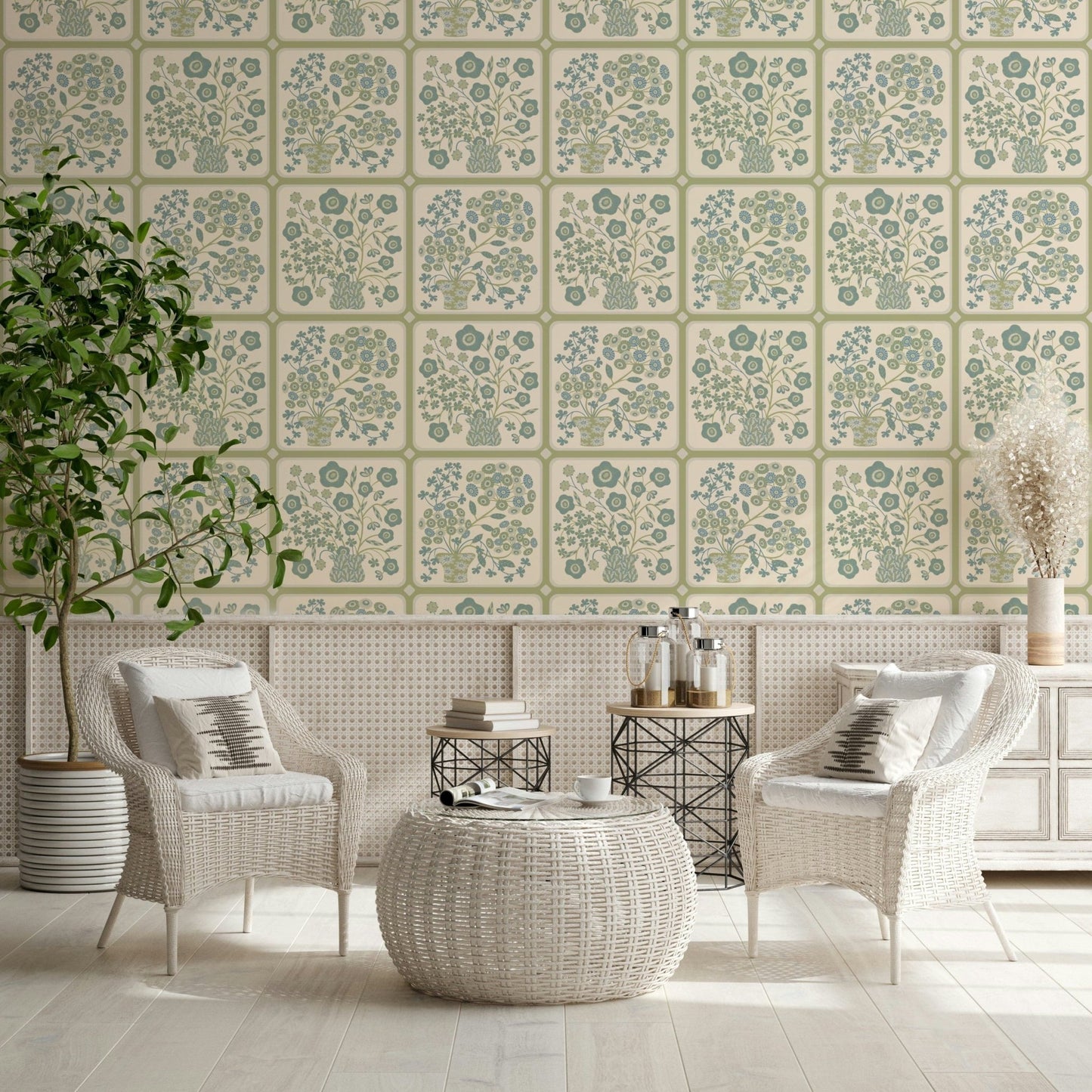 Vintage tile pattern wall decor with sage green and blue botanical bouquets.