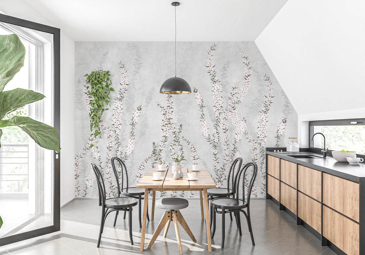 White Colour Flower Branches wallpaper mural in a bright kitchen dining nook with bentwood chairs, black pendant and wood cabinets