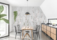 White Colour Flower Branches wallpaper mural in a bright kitchen dining nook with bentwood chairs, black pendant and wood cabinets