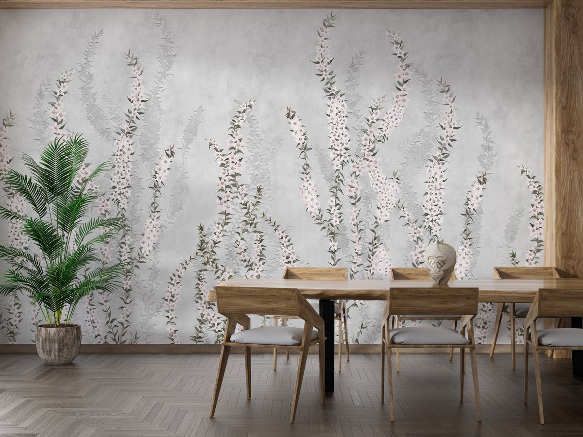 White Colour Flower Branches wallpaper mural of pink blooms on grey in a dining room with a wood table and tall green palm