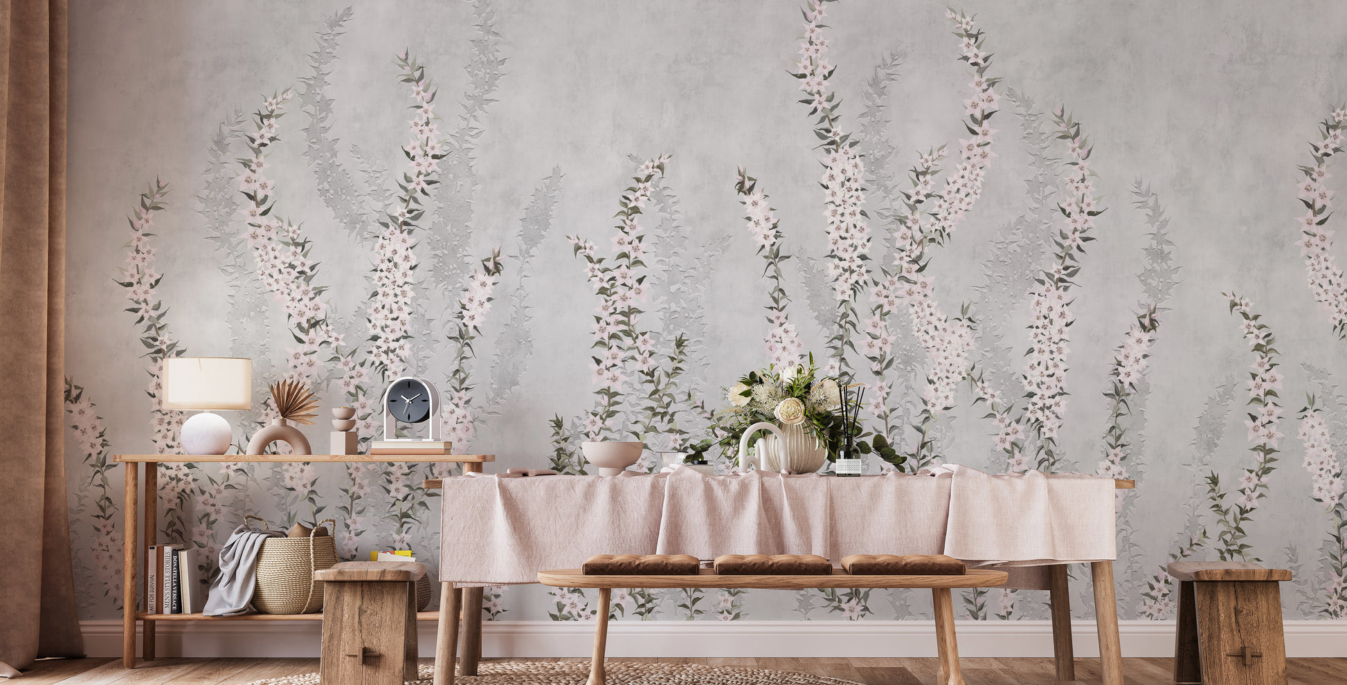 White Colour Flower Branches wallpaper mural with pink blooms on a grey living room wall behind a wooden console and dining bench