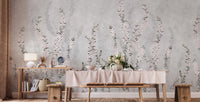 White Colour Flower Branches wallpaper mural with pink blooms on a grey living room wall behind a wooden console and dining bench
