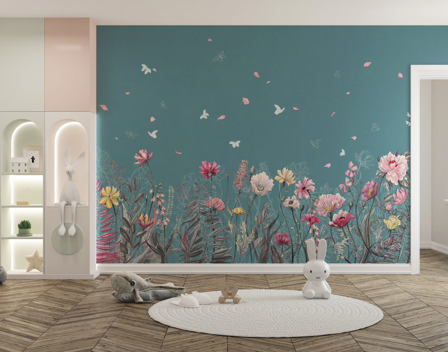 Flower Butterfly Garden wallpaper mural styled along a hallway feature wall near a console in blue tones