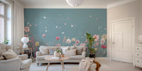 Flower Butterfly Garden wallpaper mural as a feature wall in a home office workspace in blue tones