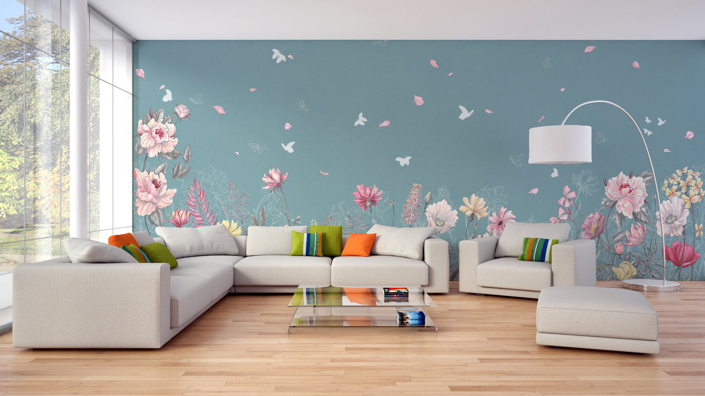 Flower Butterfly Garden wallpaper mural styled as a feature wall behind a dining table and chairs in blue tones