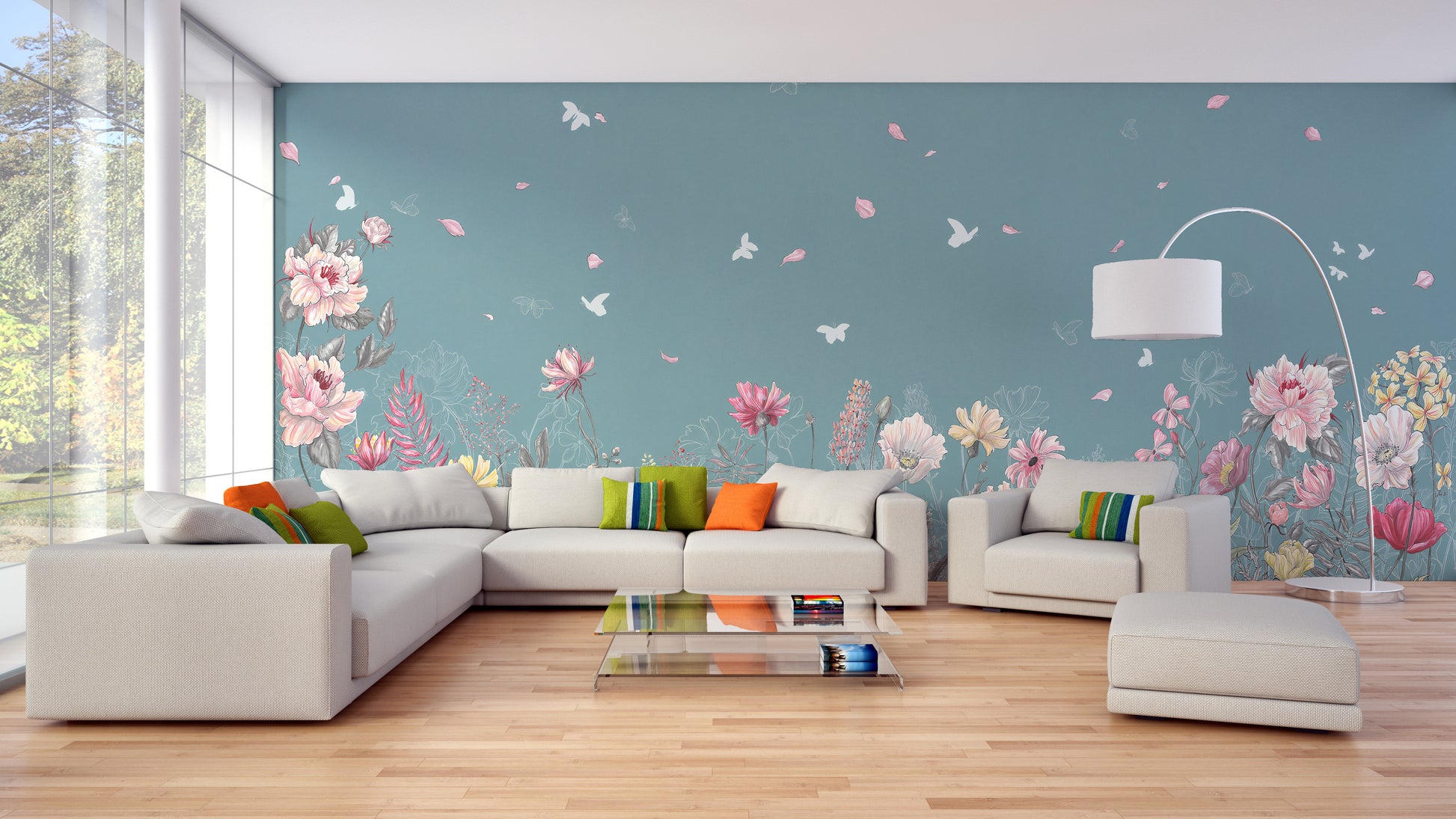 Flower Butterfly Garden wallpaper mural styled as a feature wall behind a dining table and chairs in blue tones