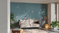 Flower Butterfly Garden wallpaper mural as a bedroom feature wall behind the headboard in blue tones
