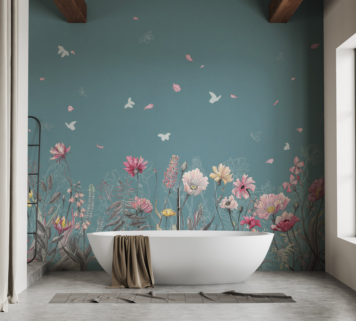 Flower Butterfly Garden wallpaper mural styled as a living room feature wall behind a sofa and seating in blue tones