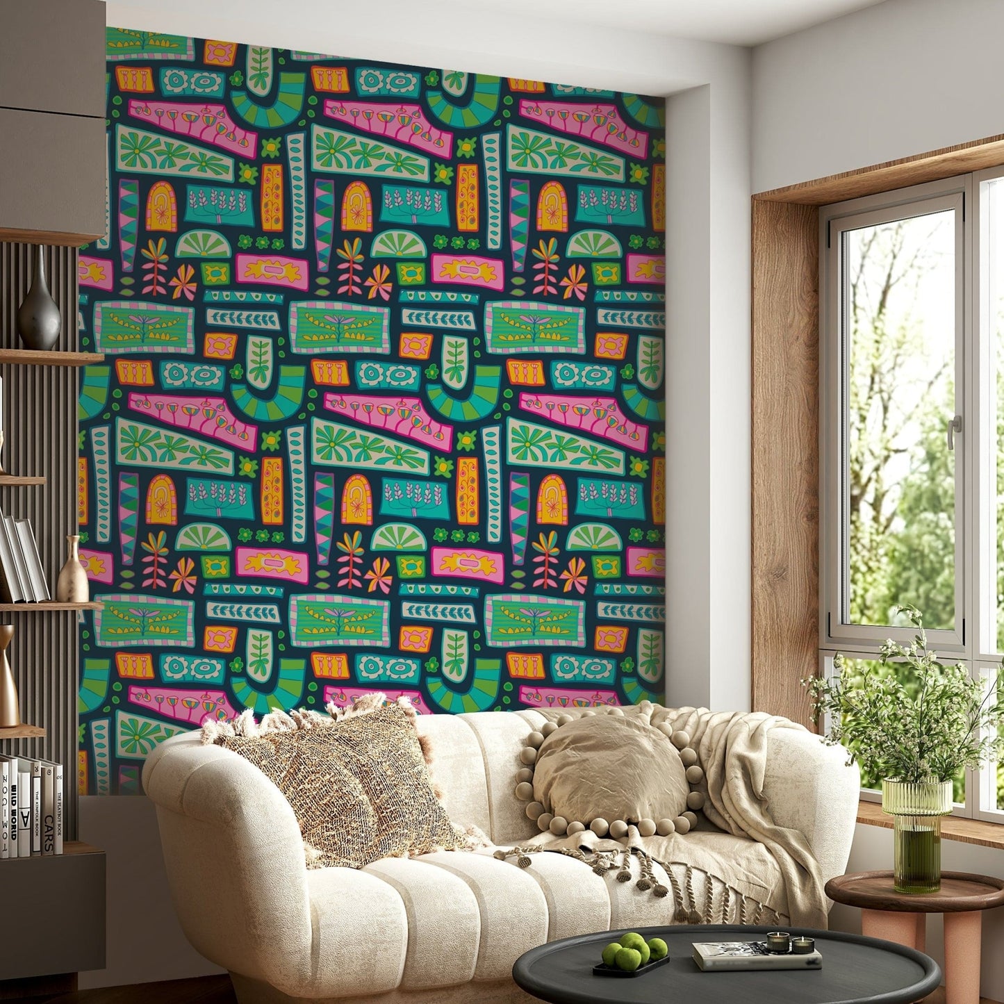 Brightly colored geometric and floral elements combining to create a cheerful bohemian wallpaper.
