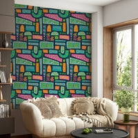 Brightly colored geometric and floral elements combining to create a cheerful bohemian wallpaper.