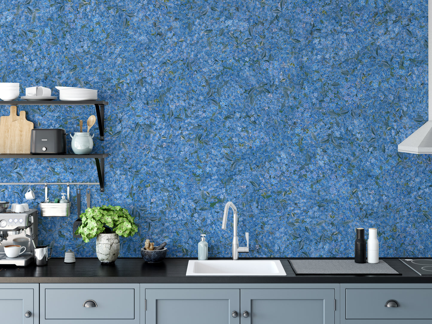 Flower Pattern Embroidery Blue wallpaper mural above grey kitchen cabinets, a sink and a leafy hydrangea plant
