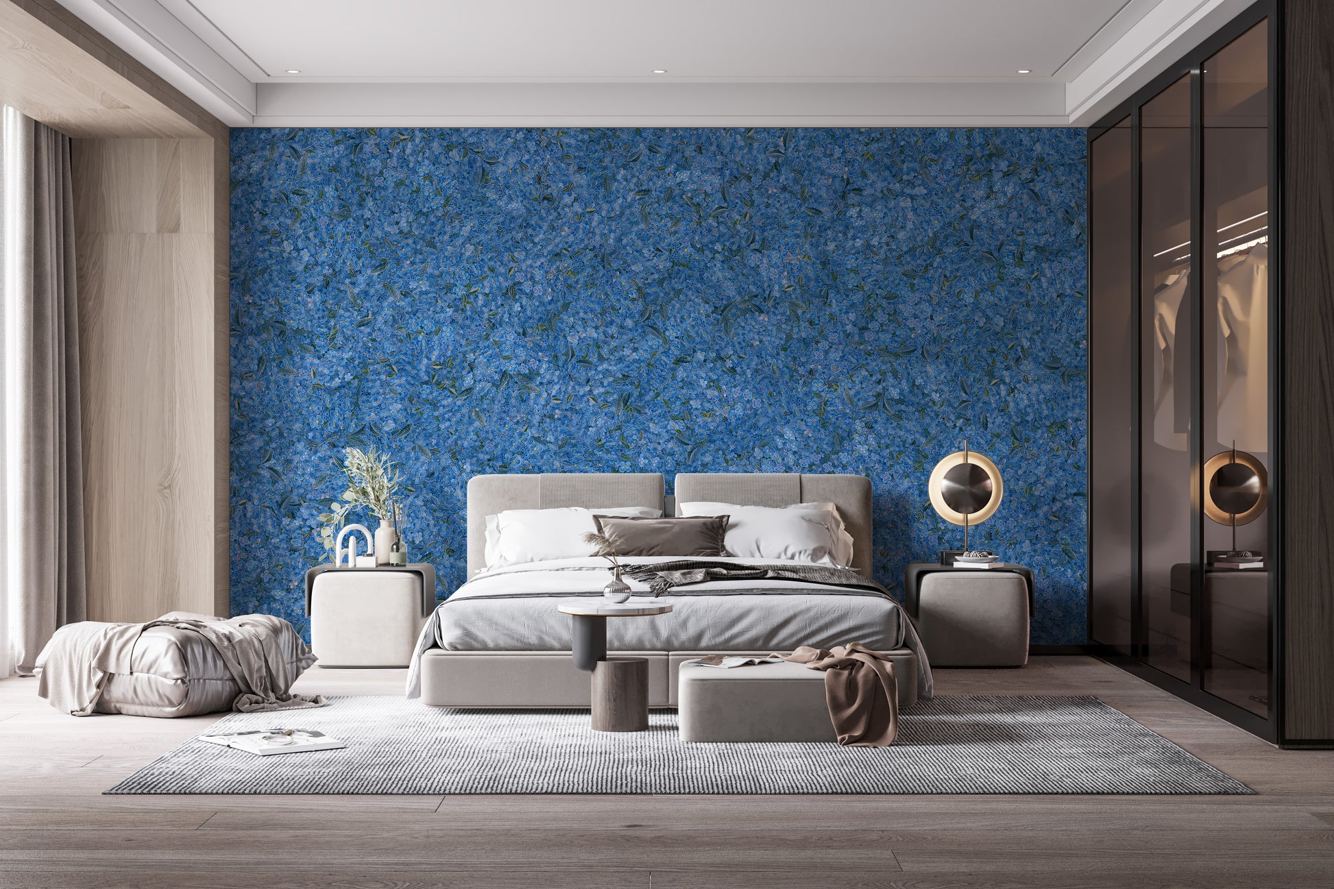 Flower Pattern Embroidery Blue wallpaper mural as a bedroom feature wall behind a grey upholstered bed